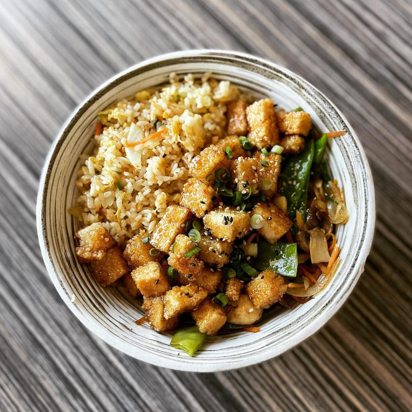 A bowl of Soi Bistro's Japanese fried rice with crispy tofu, vegetables, and sesame seeds.